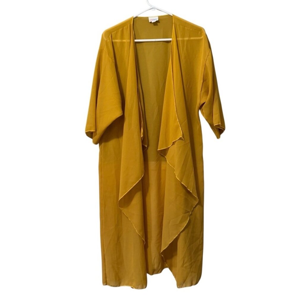 Lularoe Mustard‎ Yellow Kimono Sz Medium Sheer Artsy Duster Vacation Lightweight